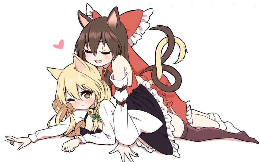 2girls animal_ears artist_name bell black_skirt black_thighhighs blonde_hair blush bow braid breasts brown_hair cat_ears cat_tail cleavage commentary crosssu detached_sleeves frilled_bow frilled_skirt frills hair_tubes hairbow hakurei_reimu heart intertwined_tails jingle_bell kirisame_marisa long_hair long_sleeves lying multiple_girls no_headwear nose_blush oerba_yun_fang on_stomach one_eye_closed red_bow red_skirt side_braid simple_background single_braid skin_fang skirt socks symbol-only_commentary tail thighhighs touhou white_background yellow_eyes yuri