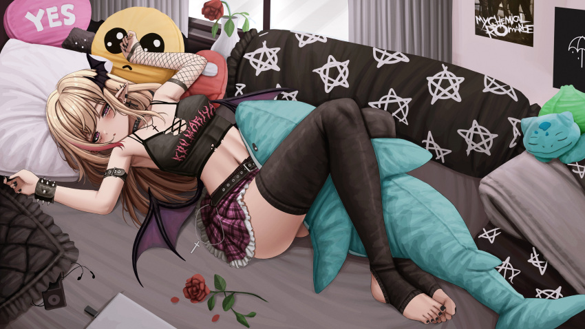 absurdres black_nails black_thighhighs blonde_hair bulbasaur crewmate_(among_us) crop_top cross cross_necklace curtains ear_piercing female flower head_wings highres jewelry kou_mariya lobsteranian long_hair low_wings lying multicolored_hair nail_polish navel necklace on_back piercing pink_hair pink_skirt plaid_clothes plaid_skirt pointy_ears red_flower red_rose rose skirt stirrup_legwear streaked_hair stuffed_animal stuffed_shark stuffed_toy thighhighs toeless_legwear toenail_polish toenails v4mirai vase virtual_youtuber window wings yes-no_pillow