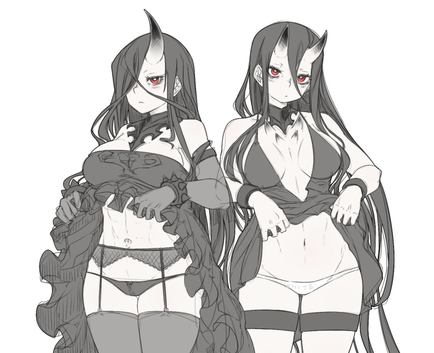 2girls abyssal_ship battleship_princess battleship_water_oni black_dress black_gloves black_hair black_panties black_thighhighs blush breasts cleavage closed_mouth clothes_lift colored_skin cropped_legs dress dress_lift elbow_gloves frilled_dress frills garter_belt gloves grey_skin hair_between_eyes hair_over_one_eye highres horns kantai_collection large_breasts lifting_own_clothes long_hair looking_at_viewer multiple_girls oso_(toolate) panties red_eyes simple_background single_horn spikes thigh_strap thighhighs underwear very_long_hair white_background white_panties