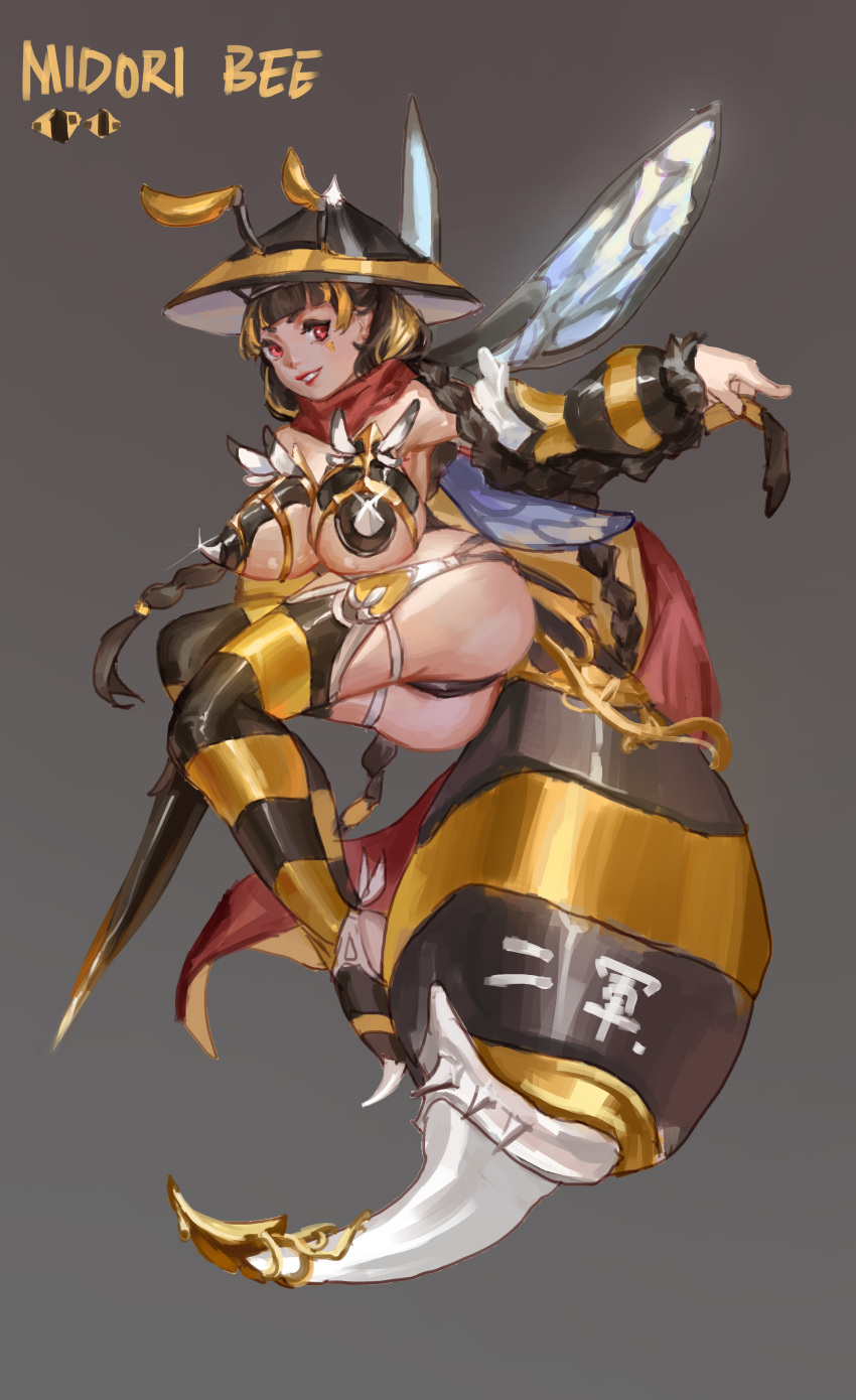 absurdres alternate_costume arthropod_girl ass bee_girl bee_wings black_hair black_hat black_panties black_sleeves black_thighhighs blonde_hair blunt_bangs braid breasts commentary cookie_(touhou) d_tomoki detached_sleeves fake_antennae female flying full_body glint gold_trim green_tea_(cookie) grey_background grin hat highres large_breasts long_hair looking_at_viewer multicolored_hair panties red_eyes red_scarf scarf simple_background smile solo stinger streaked_hair striped_clothes striped_sleeves striped_thighhighs thighhighs touhou twin_braids underwear yatadera_narumi yellow_sleeves yellow_thighhighs