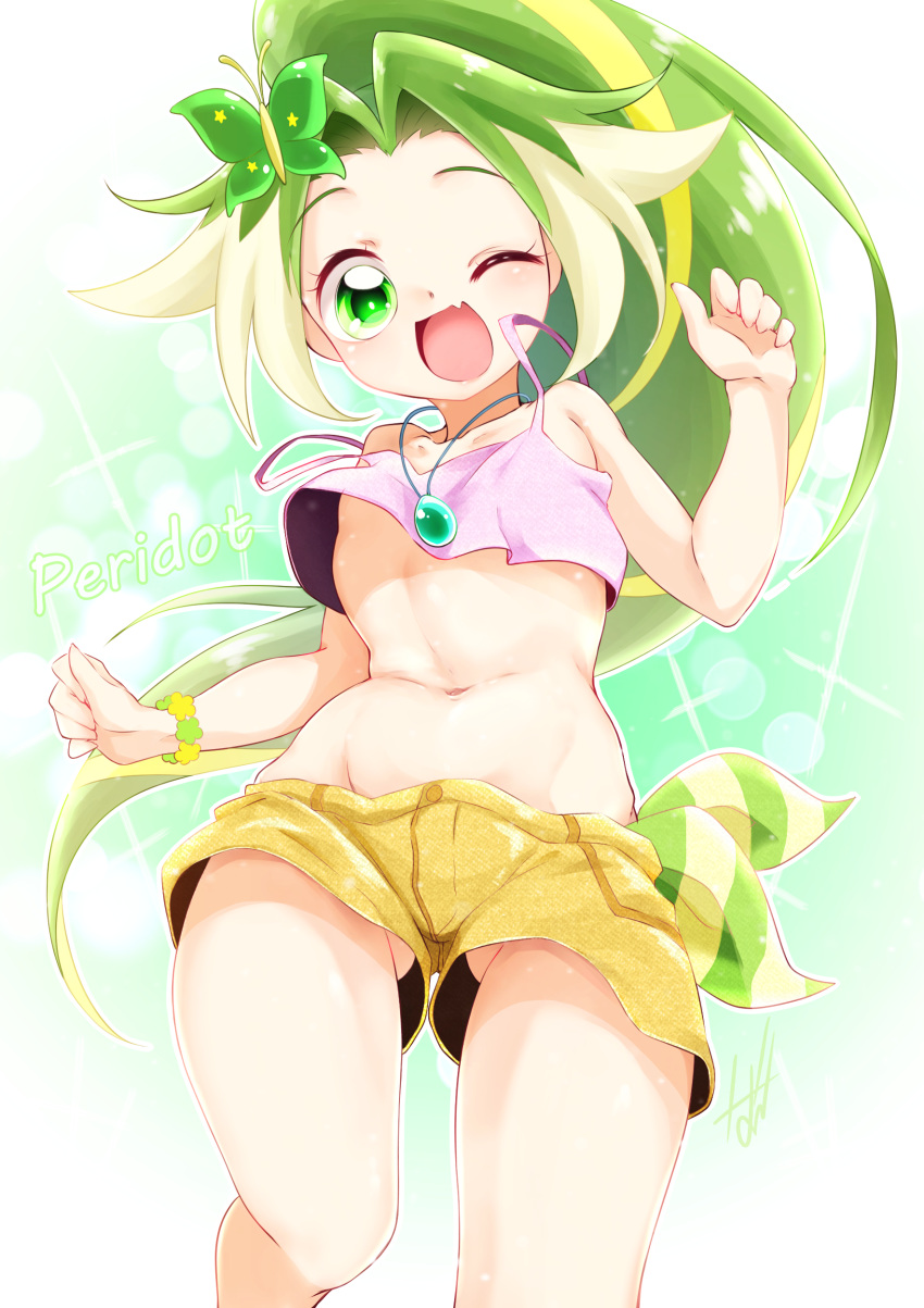 :d absurdres ass_visible_through_thighs bracelet butterfly_hair_ornament character_name commentary_request cowboy_shot crop_top female flat_chest from_below green_eyes green_hair green_theme hair_ornament highres humanization jewelpet_(series) jewelpet_magical_change jewelry long_hair master_nabesama midriff navel necklace oerba_yun_fang one_eye_closed peridot_(jewelpet) pink_tank_top ponytail short_shorts shorts skin_fang smile solo sparkle standing stomach tank_top very_long_hair