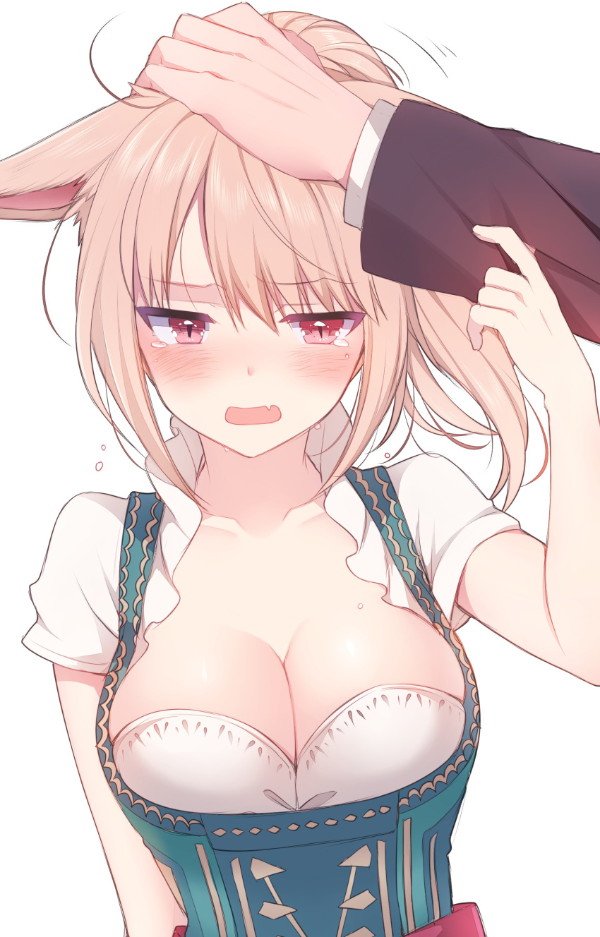 1boy absurdres animal_ears ayamisiro blush breasts cat_ears cat_girl cleavage dirndl female final_fantasy final_fantasy_xiv german_clothes hand_on_another's_head headpat highres large_breasts light_brown_hair miqo'te oerba_yun_fang open_mouth ponytail red_eyes skin_fang slit_pupils tears warrior_of_light_(ff14) white_background