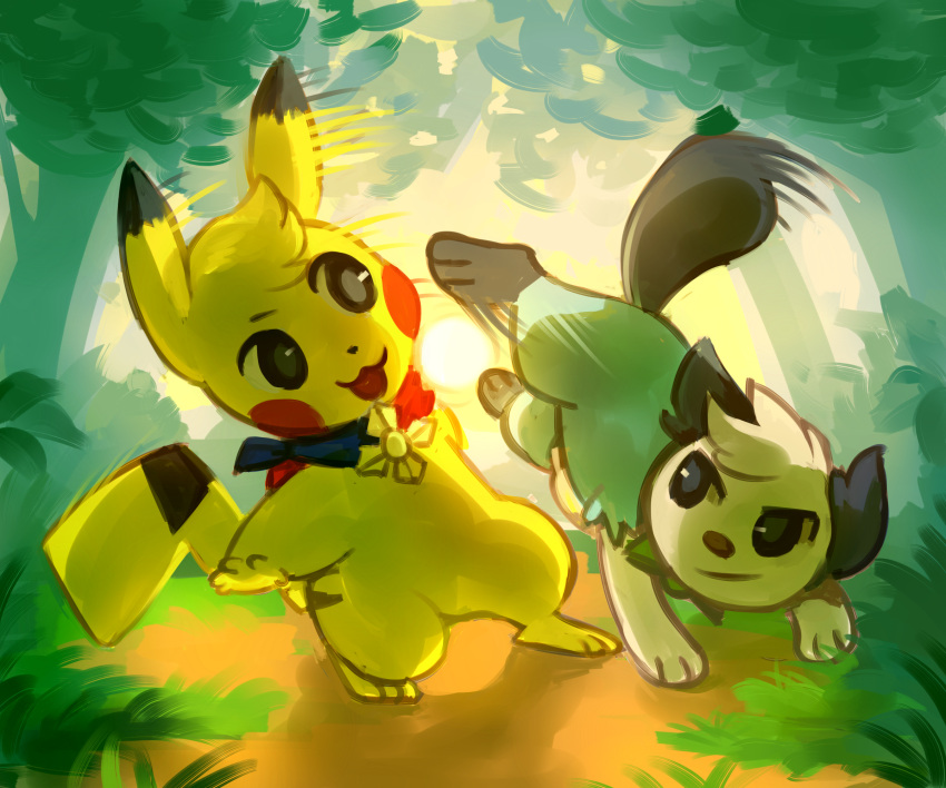 2018 ambiguous_gender anthro badge branch closed_smile day digital_media_(artwork) dodging duo flavia-elric generation_1_pokemon generation_5_pokemon grass hair hi_res kick light lighting looking_at_another male motion_lines mouth_closed nintendo open_mouth open_smile oshawott outside paws pikachu plant pokemon pokemon_(species) scarf shadow smile standing sun tongue tree white_sclera yellow_body