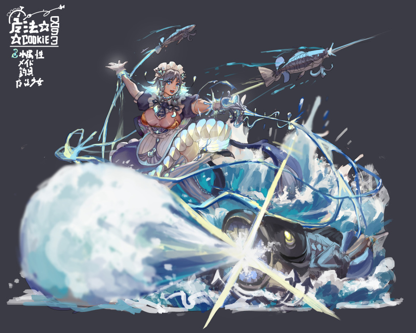 absurdres alternate_costume apron bikini blue_eyes blue_gemstone blue_hair blue_thighhighs breasts breasts_out cleavage_cutout clothing_cutout colored_inner_hair commentary_request cookie_(touhou) d_tomoki dress female fish fishing fishing_rod frilled_dress frills full_body gem genpatsu_(cookie) gloves gold_bikini grey_background grey_dress grey_hair highres holding holding_fishing_rod izayoi_sakuya large_breasts looking_at_viewer maid maid_headdress multicolored_hair open_mouth puffy_short_sleeves puffy_sleeves short_hair short_sleeves smile solo splashing striped_clothes striped_thighhighs swimsuit swordfish thighhighs touhou waist_apron water white_apron white_gloves white_thighhighs