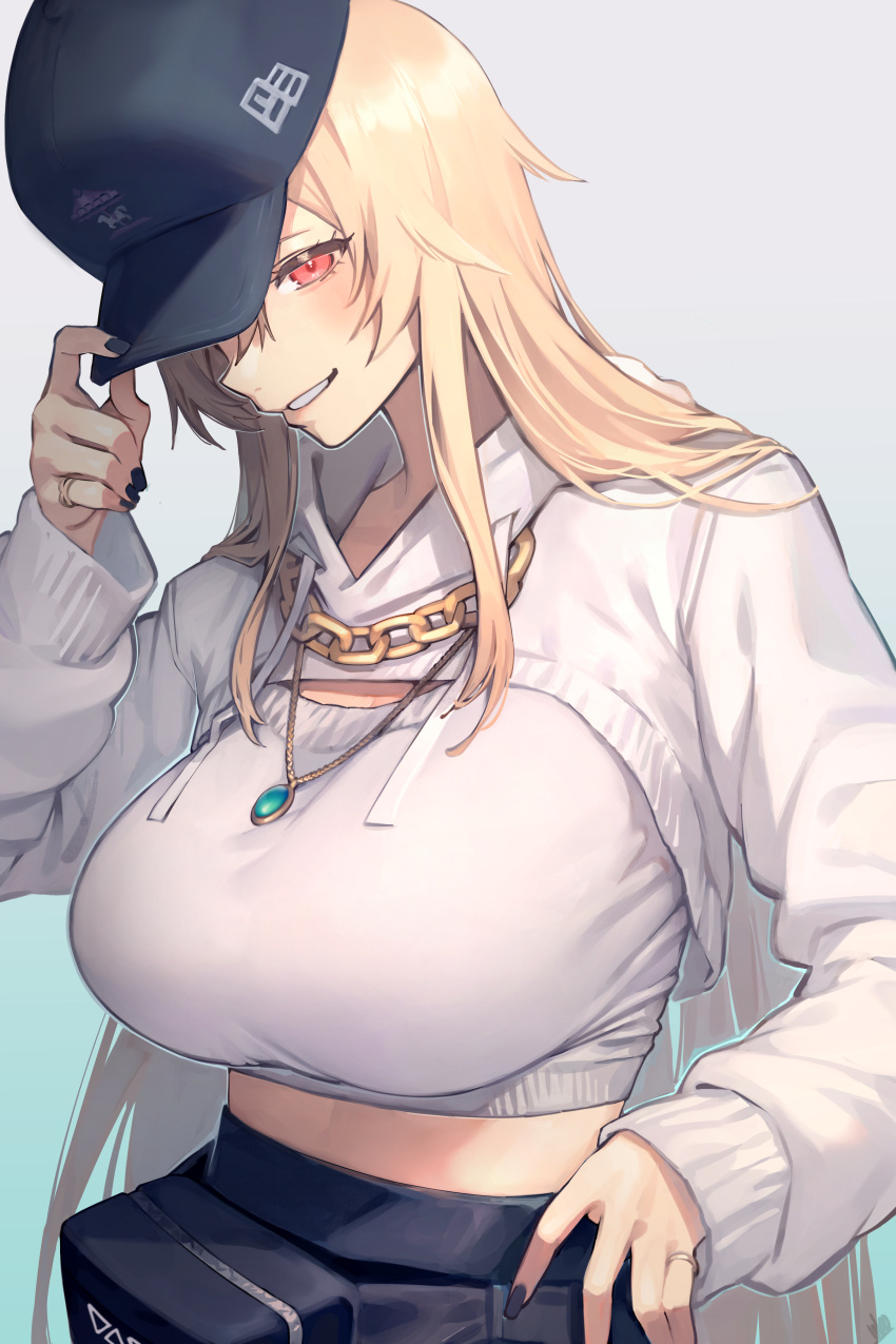 absurdres baseball_cap black_hat blonde_hair blush breasts chain_necklace chains crop_top female fingernails furen_e_lustario hat highres huge_breasts jewelry long_hair looking_at_viewer nail_polish necklace nijisanji red_eyes shrug_(clothing) smile solo ubo_(ubo_tales) upper_body very_long_hair virtual_youtuber