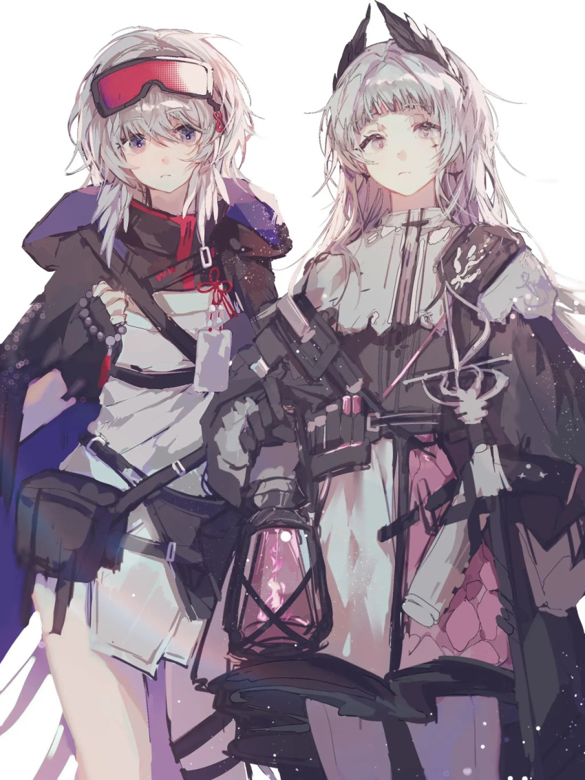 2girls arknights black_cape black_gloves black_jacket cape capelet chimeiwangliang696 chinese_commentary commentary_request cowboy_shot cross_scar dress feather_hair gloves goggles goggles_on_head grey_eyes grey_hair gun handgun head_wings highres holding holding_lantern holstered hood hooded_cape irene_(arknights) jacket lantern long_hair long_sleeves medium_hair mulberry_(arknights) multiple_girls pantyhose pink_pupils pink_skirt pouch purple_eyes red-tinted_eyewear scabbard scar scar_across_eye scar_on_face sheath sheathed shoulder_strap ski_goggles skirt sword thighs tinted_eyewear two-tone_skirt weapon white_background white_capelet white_dress white_pantyhose white_skirt white_sleeve_cuffs wings