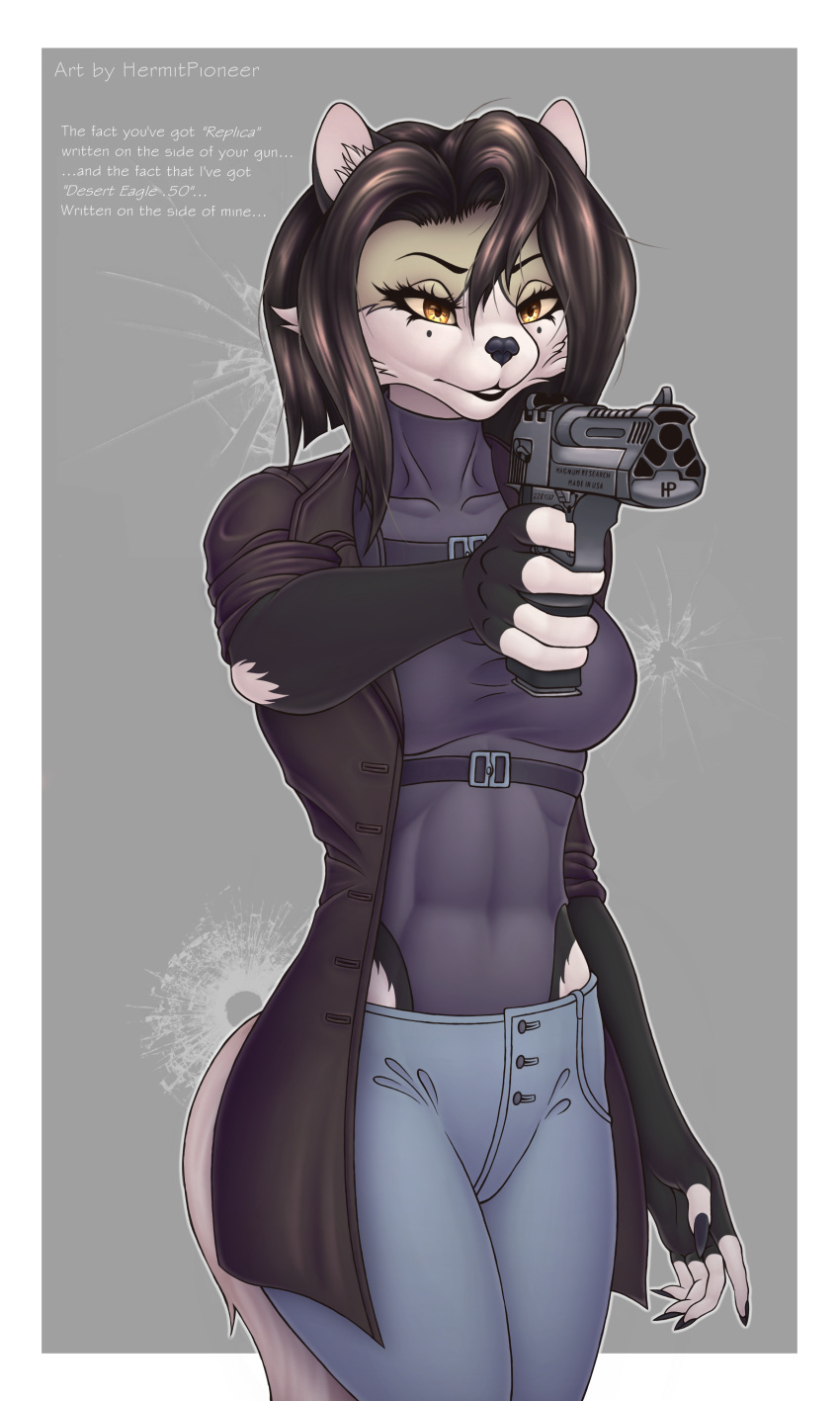 absurd_res angry anthro bottomwear clothing coat denim denim_bottomwear denim_clothing desert_eagle female gun handgun hermitpioneer hi_res jeans mammal mustelid otter pants pistol ranged_weapon solo topwear weapon