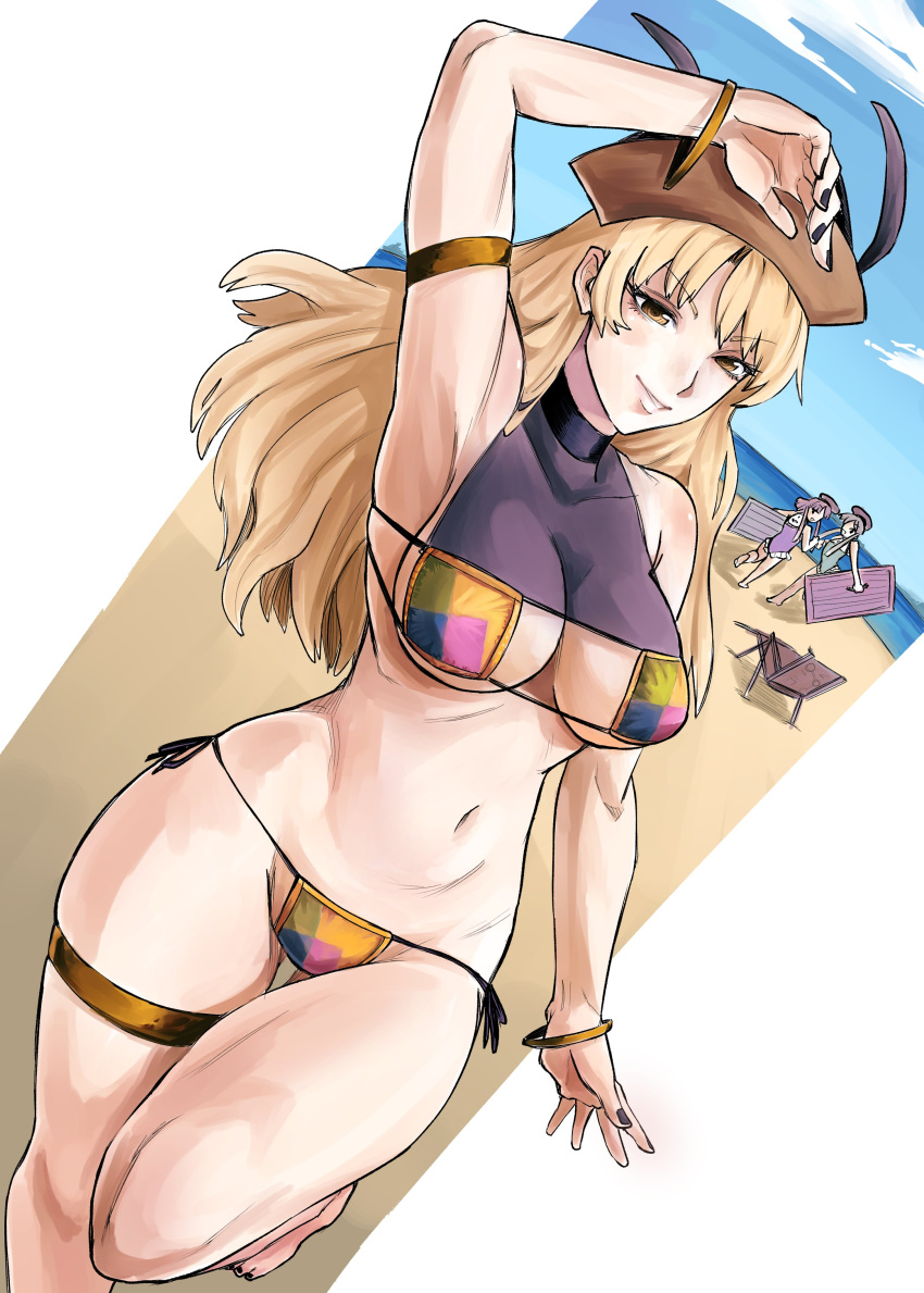 3girls absurdres armpits axel_hi beach bikini black_nails blonde_hair blue_sky breasts brown_hat eyepatch_bikini hat highres large_breasts long_hair looking_at_viewer matara_okina multiple_girls nail_polish navel nishida_satono ocean one-piece_swimsuit sky swimsuit teireida_mai touhou yellow_eyes