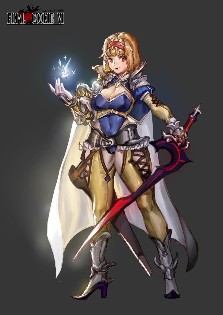 absurdres alice_margatroid armored_boots blonde_hair blue_leotard boots breasts cape cleavage closed_mouth commentary_request cookie_(touhou) copyright_name covered_navel d_tomoki female final_fantasy final_fantasy_vi frilled_hairband frills full_body gloves grey_background grey_footwear hairband high_heel_boots high_heels highres hinase_(cookie) holding holding_sword holding_weapon large_breasts leotard looking_at_viewer orange_eyes pants red_hairband short_hair simple_background smile solo standing sword touhou weapon white_cape white_gloves yellow_pants