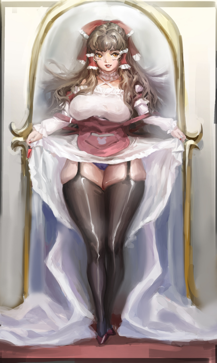 absurdres black_thighhighs bow breasts brown_hair commentary_request cookie_(touhou) curtsey d_tomoki dress female fingernails frilled_bow frilled_hair_tubes frills full_body garter_straps hair_tubes hairbow hakurei_reimu highres kanna_(cookie) large_breasts lips long_dress long_hair looking_at_viewer orange_eyes panties pink_corset purple_panties red_bow red_footwear red_nails shoes smile solo standing thick_thighs thighhighs thighs touhou underwear white_dress