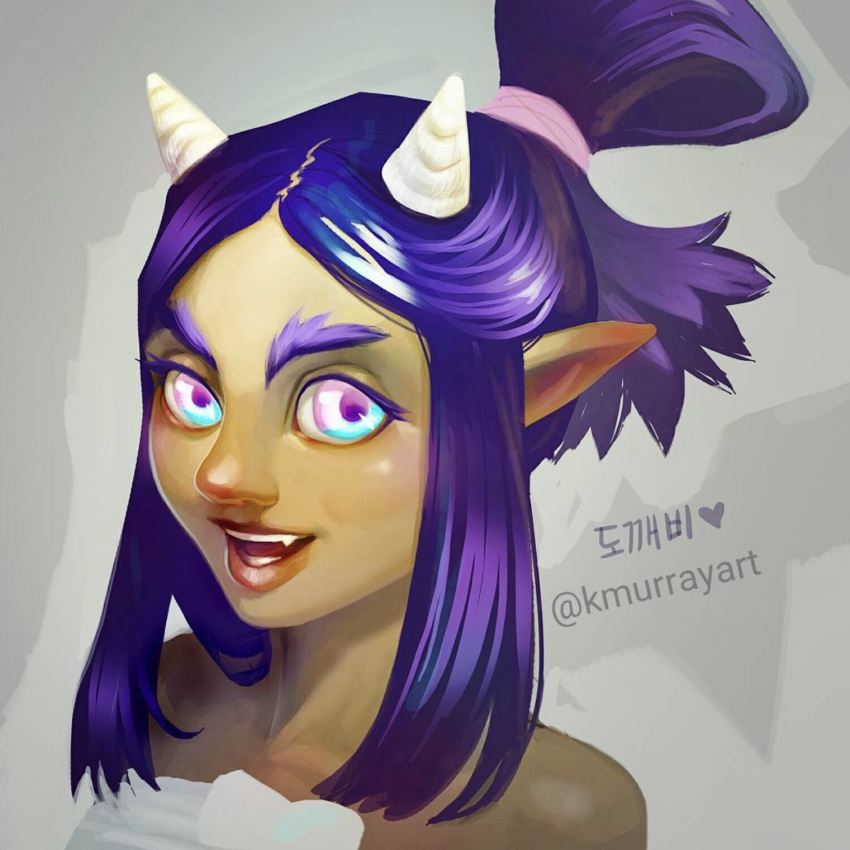 1:1 2_horns ambiguous_gender asian_mythology colored dokkaebi_(species) east_asian_mythology eyebrows fangs hair hair_bun hi_res horn humanoid humanoid_pointy_ears katherine_murray korean_mythology lips long_hair mythology ogre purple_hair shaded smile solo teeth