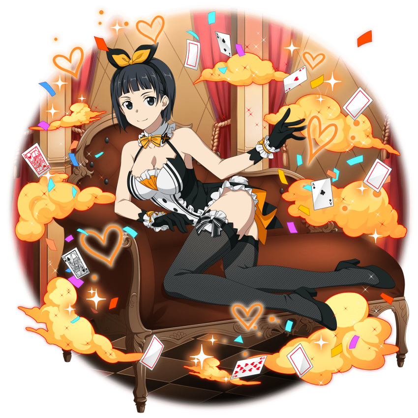 ace_(playing_card) ace_of_clubs ace_of_hearts black_bow black_eyes black_footwear black_gloves black_hair black_hairband black_thighhighs blunt_bangs bow bowtie breasts card checkered_floor cleavage closed_mouth club_(shape) collarbone couch detached_collar female fishnet_thighhighs fishnets frills full_body gloves hairband hairbow heart high_heels highres indoors jack_(playing_card) jack_of_hearts kirigaya_suguha large_breasts looking_at_viewer non-web_source official_art playing_card pumps queen_(playing_card) queen_of_spades round_image short_hair smile solo sparkle split_mouth sword_art_online ten_of_hearts thighhighs transparent_background two_of_spades yellow_bow yellow_bowtie