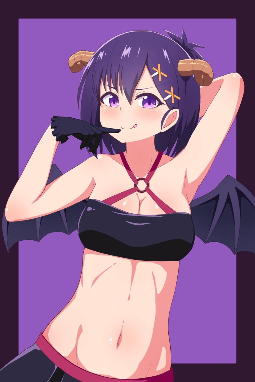 :q arm_behind_head armpits bad_id bad_twitter_id bare_shoulders black_gloves border breasts cleavage demon_girl demon_horns demon_wings female gabriel_dropout gloves groin hair_ornament hallelujah_essaim highres horns looking_at_viewer medium_breasts midriff navel nyaroon o-ring o-ring_top outside_border purple_background purple_border purple_eyes purple_hair short_hair simple_background solo stomach strapless tongue tongue_out tube_top upper_body vignette_tsukinose_april wings x_hair_ornament