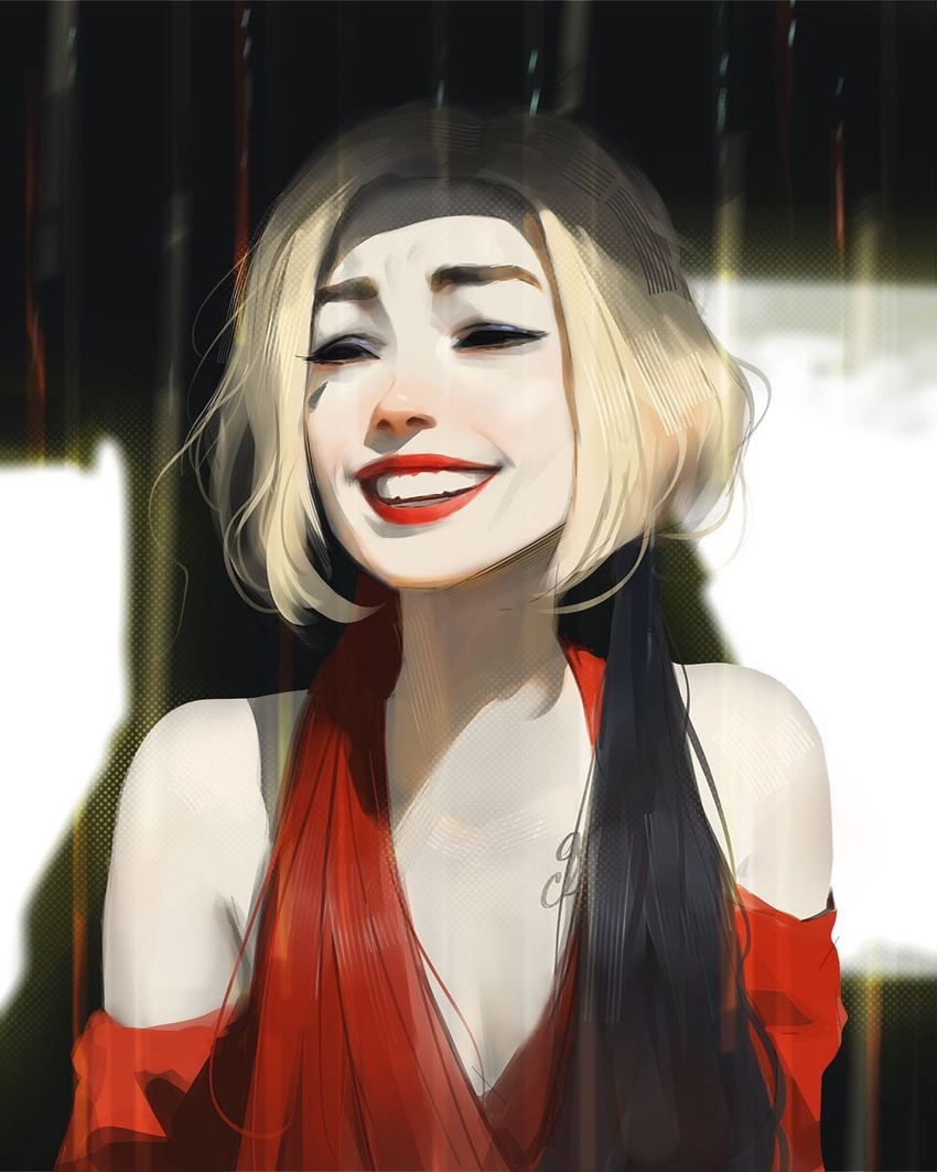 bare_shoulders black_eyes blonde_hair blurry blurry_background breasts cleavage collarbone completion_time dc_comics dc_extended_universe english_commentary female harley_quinn highres laughing lips lipstick makeup photoshop_(medium) sam_yang short_hair solo tattoo teeth the_suicide_squad