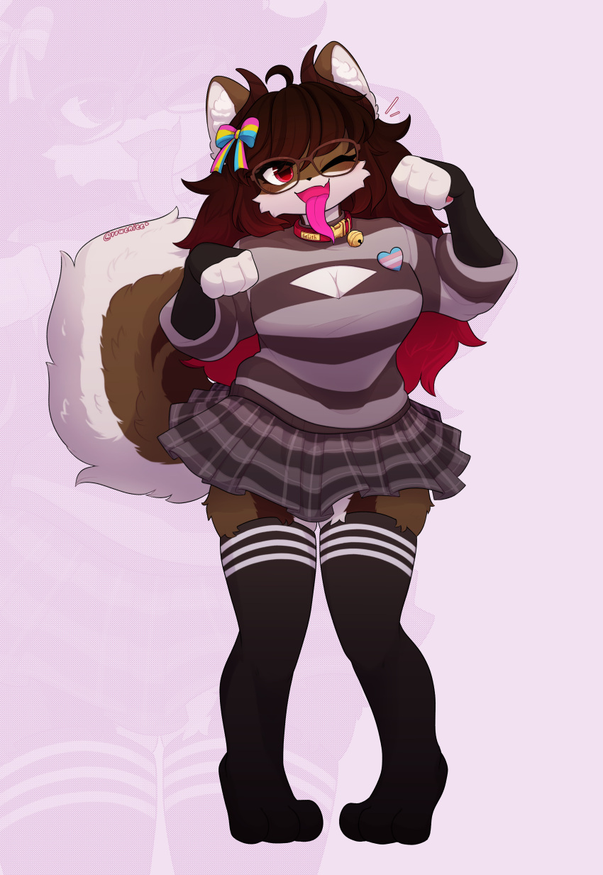 absurd_res aelith_(a_british_lass) anthro big_breasts black_clothing black_legwear black_thigh_highs bottomwear breasts brown_body brown_fur brown_hair cheek_tuft clothing collar eyelashes facial_tuft female fluffy fluffy_ears fluffy_hair fluffy_tail fluffy_thighs fur hair hi_res horn legwear lepertais lgbt_pride long_hair long_tongue looking_at_viewer multicolored_body multicolored_fur multicolored_hair one_eye_closed pansexual_pride_colors pink_hair pose pride_colors roweniee skirt solo sweater tail thick_eyelashes thick_thighs thigh_highs tongue topwear transgender_pride_colors tuft white_body white_fur wide_hips wink