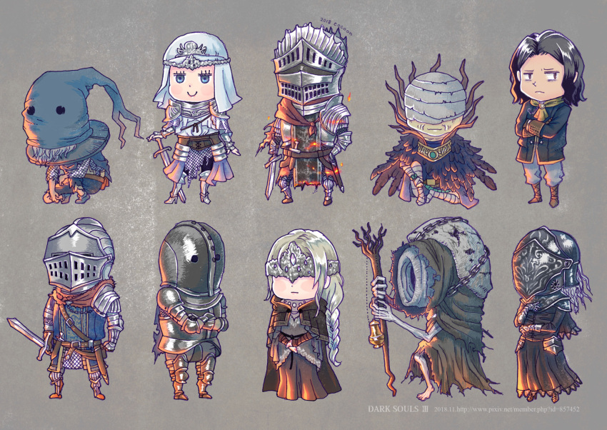 3girls 6+boys anri_of_astora armor chibi cocoon_(yuming4976) cornyx_of_the_great_swamp covered_eyes covered_face dark_souls_(series) dark_souls_iii fire_keeper greirat_of_the_undead_settlement helmet horace_the_hushed long_hair multiple_boys multiple_girls orbeck_of_vinheim sirris_of_the_sunless_realms staff weapon yoel_of_londor yuria_of_londor