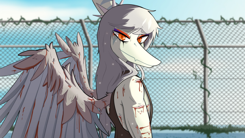 16:9 2024 amber_eyes anthro blood blue_sky bodily_fluids bone_frill cavemanon_studios chain-link_fence detailed_background digital_drawing_(artwork) digital_media_(artwork) dinosaur eyeliner fang_(gvh) feathered_wings feathers fence frill_(anatomy) ftm_crossgender goodbye_volcano_high grey_body grey_scales hair halter_top hi_res long_hair looking_at_viewer looking_back looking_back_at_viewer makeup male mascara mascara_tears prehistoric_species pterodactylus pterosaur redraw reptile rule_63 running_makeup running_mascara scales scalie seven_(artist) silver_hair sky smile snoot_game snout solo widescreen wings wounded