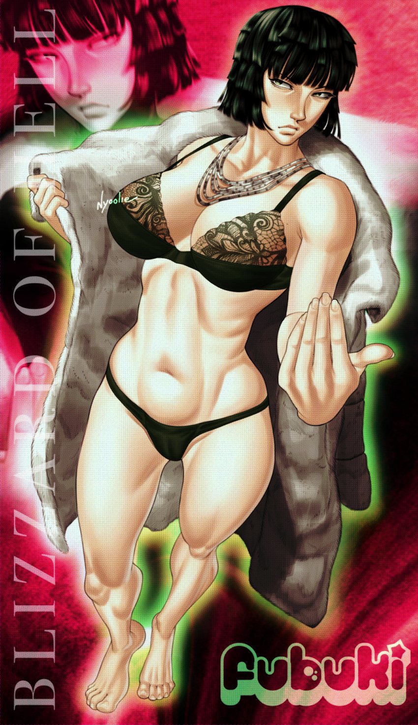 absurdres artist_name barefoot black_bra black_panties bra breasts character_name coat english_commentary english_text female fubuki_(one-punch_man) full_body fur_coat green_eyes green_outline highres jewelry lace lace_bra navel necklace nyoolie one-punch_man open_clothes open_coat outline panties red_background short_hair solo toes underwear