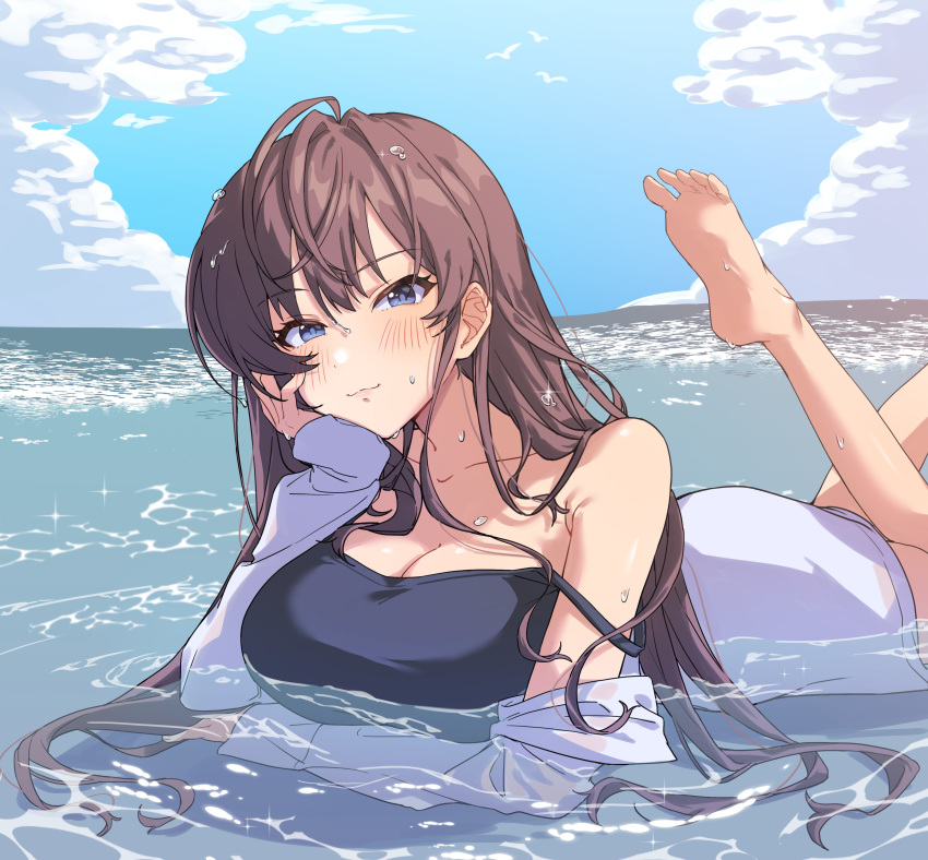 :3 absurdres ahoge bare_shoulders bean_tan black_shirt blue_eyes blush breasts brown_hair cleavage coat collarbone female highres ichinose_shiki idolmaster idolmaster_cinderella_girls large_breasts leg_up long_hair looking_at_viewer lying ocean on_stomach partially_submerged shirt soles solo white_coat