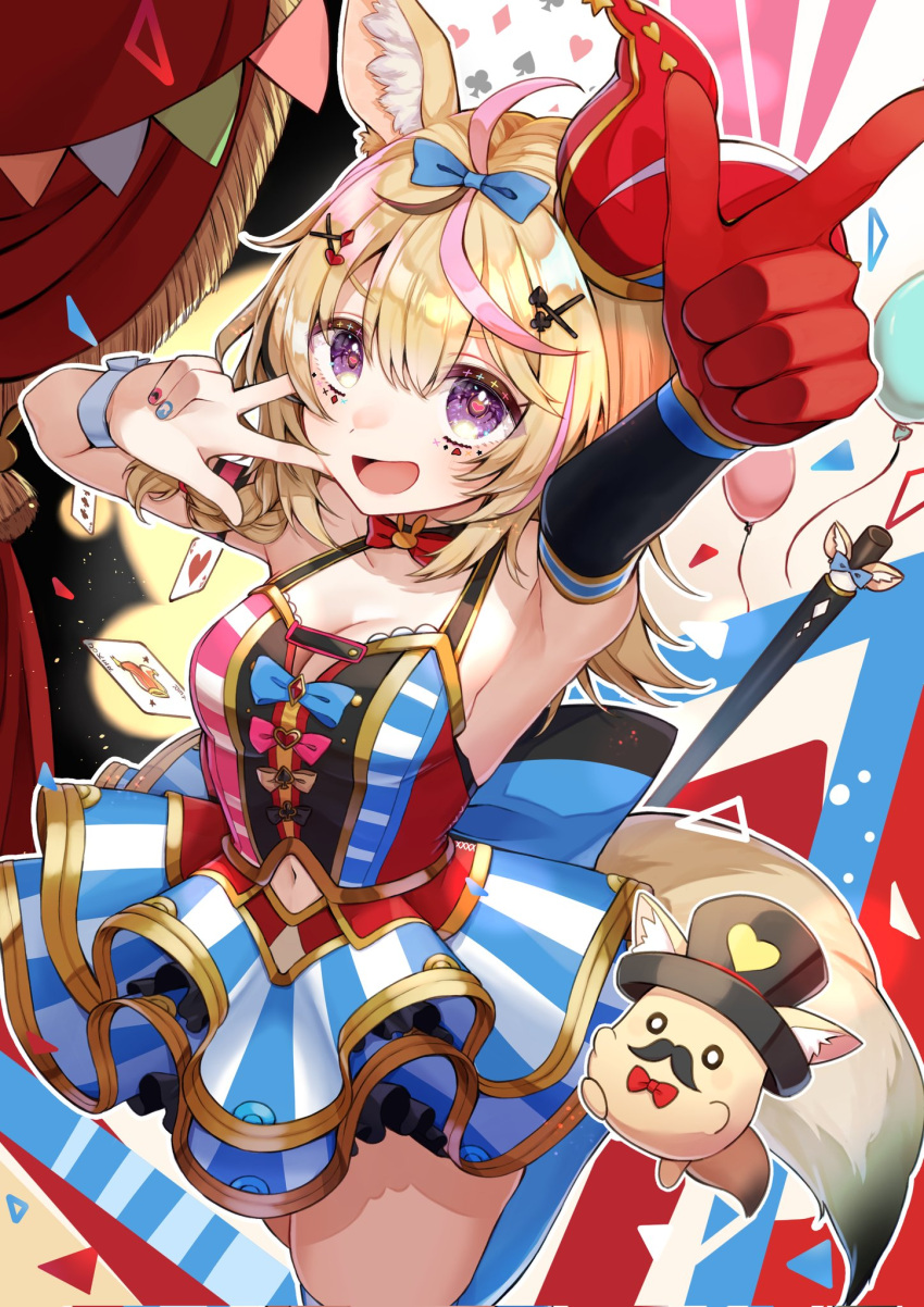 animal_ears arm_up balloon bare_shoulders blonde_hair blue_bow bow breasts card cleavage clothing_cutout commentary_request cowboy_shot elbow_gloves female fox_ears fox_tail gloves hair_ornament hairbow hat heart heart-shaped_pupils highres hololive jester_cap kuwaefuru long_hair looking_at_viewer navel navel_cutout omaru_polka omaru_polka_(1st_costume) open_mouth outstretched_arm playing_card pointing pointing_at_viewer purple_eyes red_gloves single_elbow_glove sleeveless smile symbol-shaped_pupils tail v-shaped_eyebrows virtual_youtuber w x_hair_ornament zain_(omaru_polka)