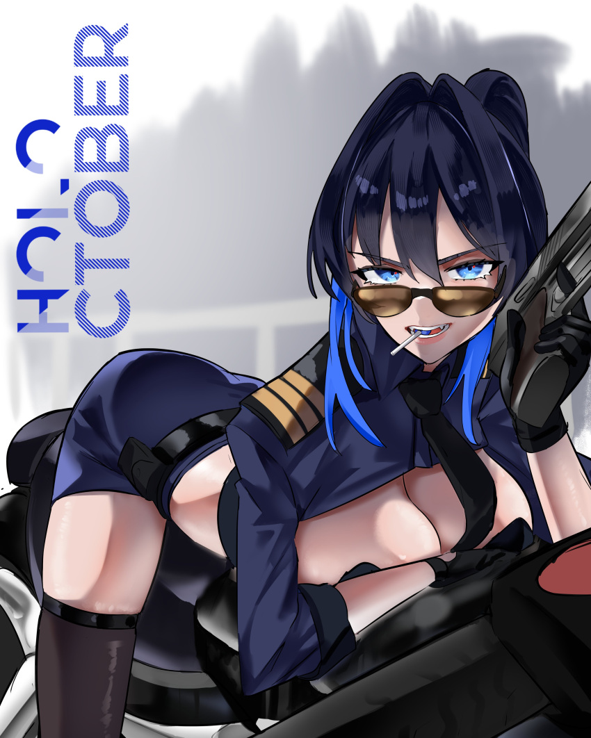 absurdres alternate_costume black_hair blue_eyes blue_hair blurry blurry_background breasts candy city cityscape english_commentary english_text female finger_on_trigger food gloves gun handgun highres holding holding_gun holding_weapon hololive hololive_english koizumi_arata large_breasts lollipop long_hair looking_at_viewer m1911 motor_vehicle motorcycle multicolored_hair necktie on_motorcycle open_mouth ouro_kronii police police_uniform policewoman shirt skirt solo sunglasses thighhighs virtual_youtuber weapon