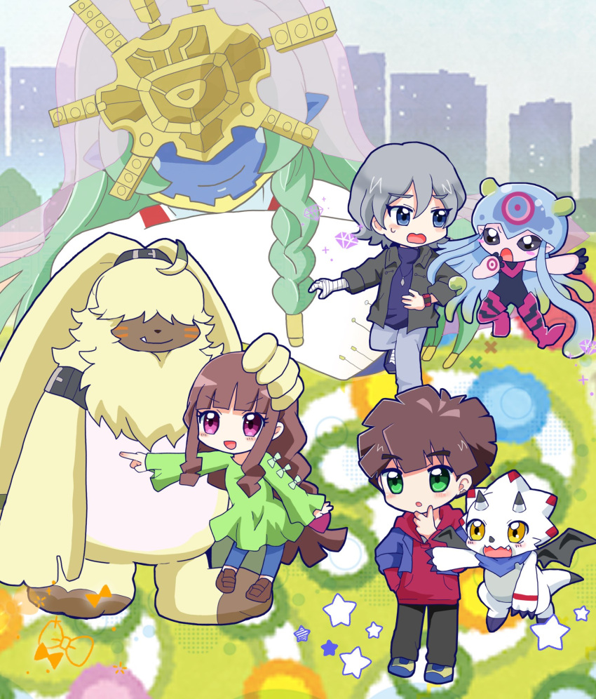 angoramon anthro bandai_namco blush brown_hair chibi digimon digimon_(species) digimon_ghost_game female fluffy fur gammamon grey_hair group hair hair_over_eyes hi_res hiro_amanokawa human humanoid jellymon juglans_b612 kiyoshiro_higashimitarai long_ears male mammal ponytail_ears ruri_tsukiyono scalie tentacle white_body yellow_body yellow_fur