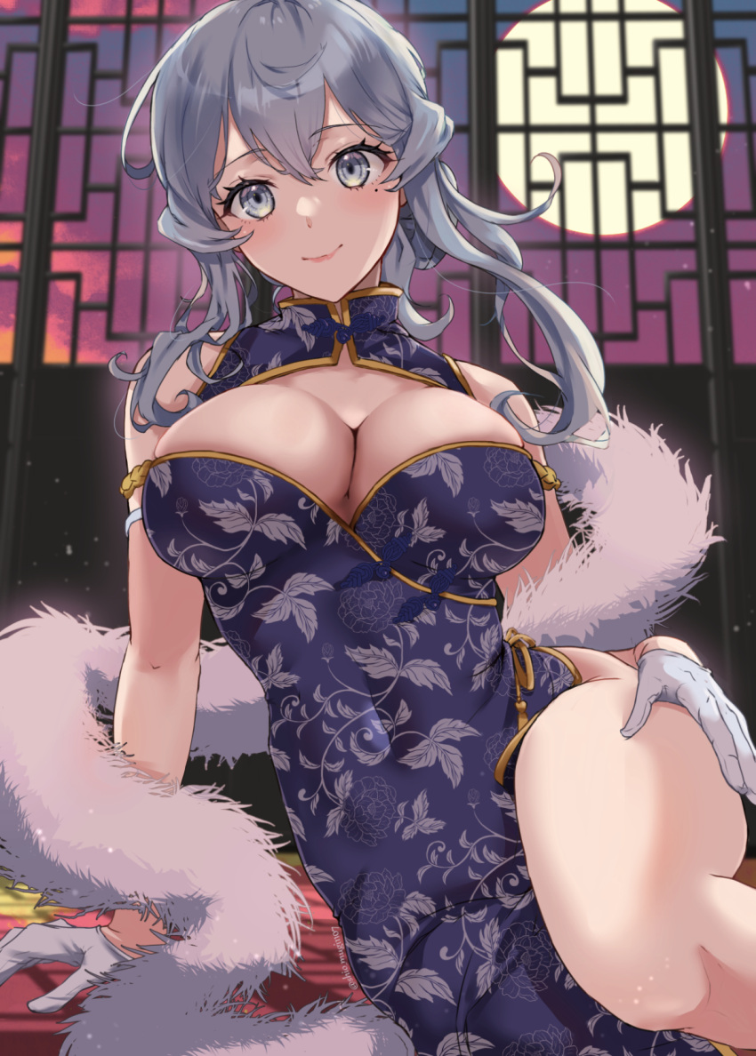 alternate_costume blue_dress breasts china_dress chinese_clothes cleavage cleavage_cutout clothing_cutout commentary_request dress feather_boa female full_body gloves gotland_(kancolle) grey_eyes grey_hair highres kantai_collection large_breasts leaf_print long_hair looking_at_viewer mole mole_under_eye shiomugi_(shio_mugi1107) sitting solo white_gloves window yokozuwari