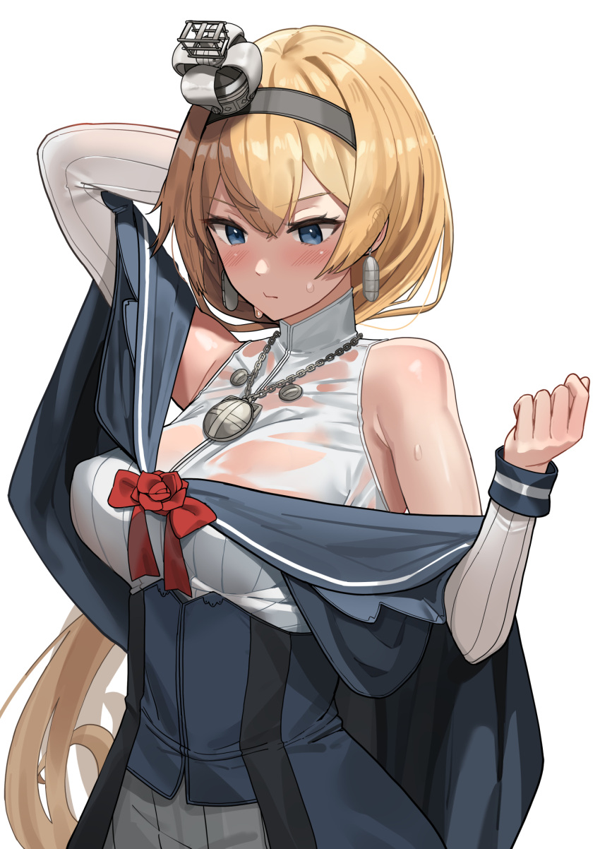 blonde_hair blue_eyes blush breasts capelet crown dress earrings female flower hair_between_eyes hairband highres jewelry kantai_collection large_breasts long_hair mini_crown necklace osananajimi_neko red_flower rose see-through_clothes see-through_shirt shirt simple_background solo sweat upper_body valiant_(kancolle) wet white_background white_dress