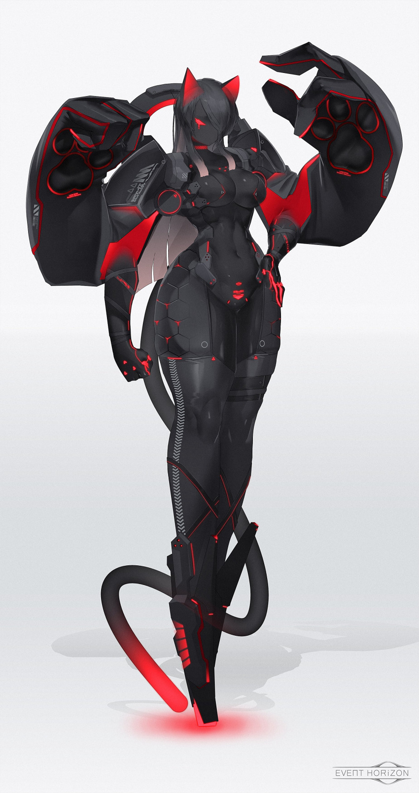 absurdres black_hair black_skin breasts colored_skin echanis_enicha extra_arms female fewer_digits full_body grey_background hair_over_one_eye hand_on_own_hip highres large_breasts monster_girl navel no_feet original red_eyes solid_eyes solo standing tail