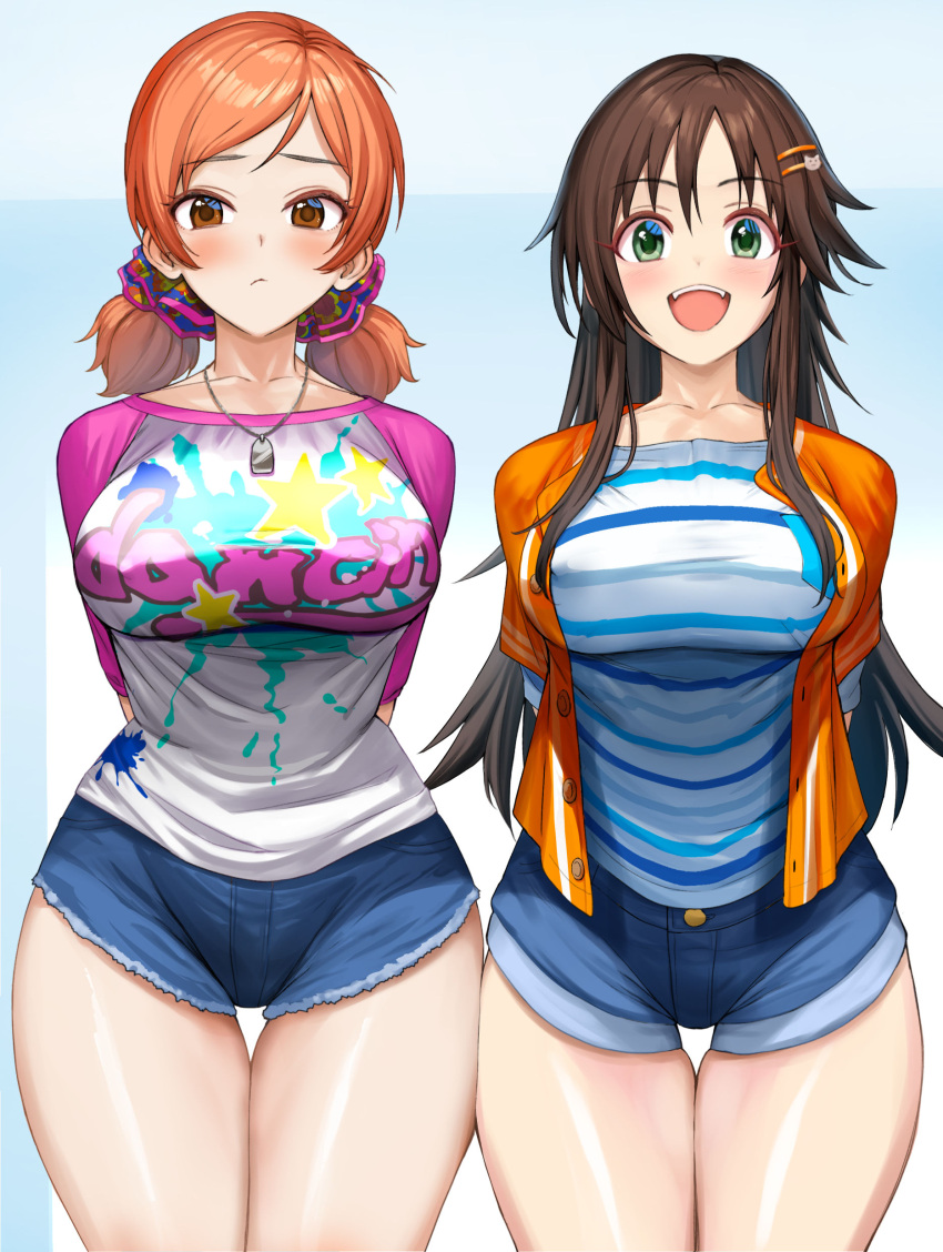 2girls absurdres arms_behind_back breasts brown_hair closed_mouth collarbone green_eyes hair_ornament hairclip highres himekawa_yuki hogey_nk-2000 idolmaster idolmaster_cinderella_girls jacket jewelry komatsu_ibuki large_breasts long_hair multiple_girls necklace open_mouth orange_hair orange_jacket shirt short_hair short_shorts short_twintails shorts striped_clothes striped_shirt teeth thighs twintails two-tone_background upper_teeth_only