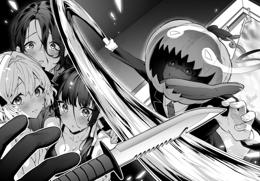 1boy 3girls blazer blush breasts character_request collarbone collared_shirt giuniu gloves greyscale hair_between_eyes hand_on_another's_shoulder jack-o'-lantern_head jacket knife mole mole_under_eye monochrome multiple_girls necktie novel_illustration official_art open_door otoko_girai_na_bijin_shimai_wo_namae_mo_tsugezu_ni_tasuketara_ittai_dounaru? school_uniform shinjou_aina_(otomai) shinjou_arisa_(otomai) shinjou_sakina shirt tears