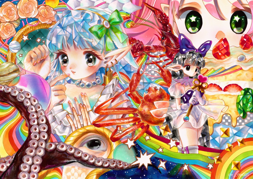 3girls abstract black_hair blue_hair bow breasts cake cleavage colorful crab dress e_rhn001 flower food green_bow green_eyes hairbow heart highres holding holding_wand long_hair looking_at_viewer magical_girl medium_request multiple_girls original pink_hair pointy_ears purple_dress rainbow standing star_(symbol) strawberry_cake surreal tentacle very_long_hair wand