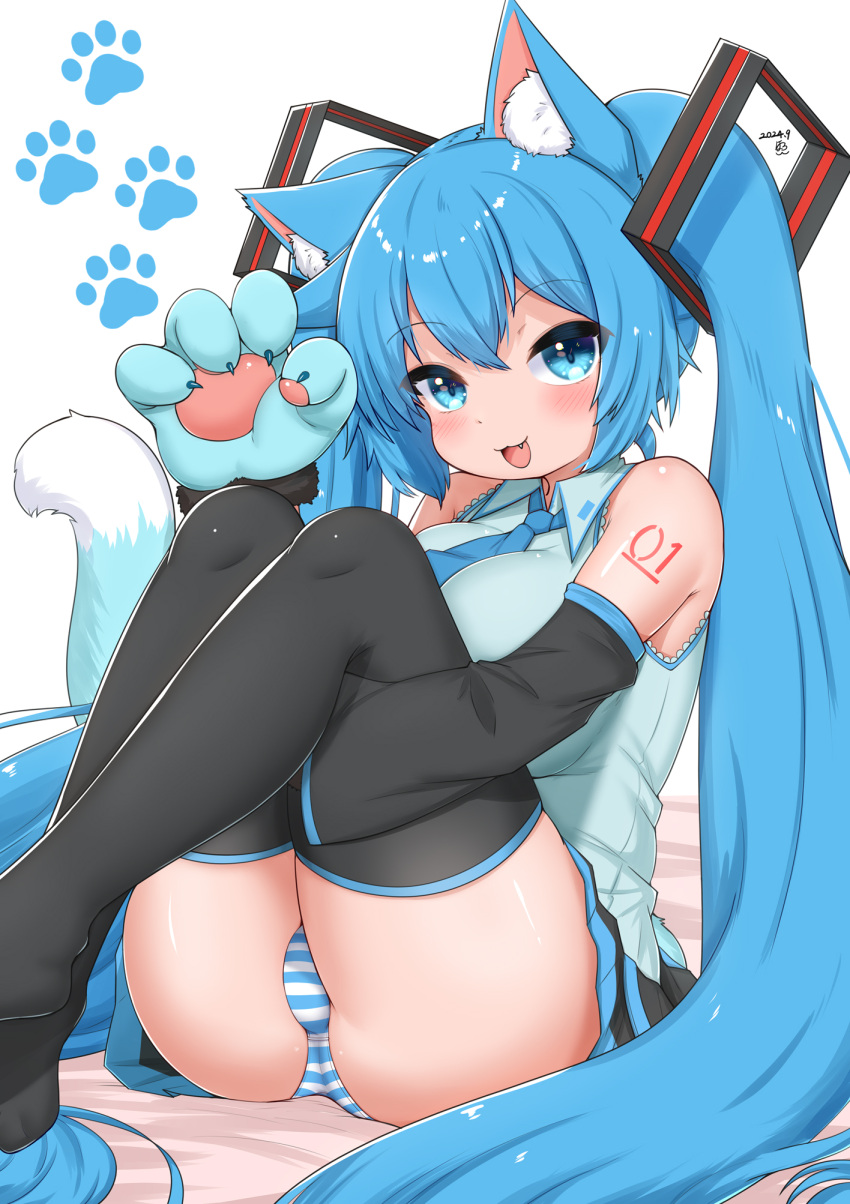 :3 animal_ear_fluff animal_ears animal_hands ass bare_shoulders black_sleeves black_thighhighs blue_eyes blue_gloves blue_hair blue_necktie blue_stripes blue_trim blush breasts cat_ears cat_girl cat_tail claw_pose collared_shirt dated detached_sleeves feet_out_of_frame female fur-trimmed_gloves fur_trim gloves grey_shirt hair_between_eyes hair_ornament hand_on_own_leg hand_up hatsune_miku highres horokusa_(korai) hugging_own_legs knees_up large_breasts legs_together long_hair long_sleeves looking_at_viewer miniskirt necktie number_tattoo oerba_yun_fang open_mouth panties paw_gloves paw_print paw_print_background pleated_skirt shirt sitting skirt sleeveless sleeveless_shirt smile solo straight_hair striped_clothes striped_panties tail tail_raised tattoo thighhighs twintails two-tone_tail underwear very_long_hair vocaloid white_background white_stripes