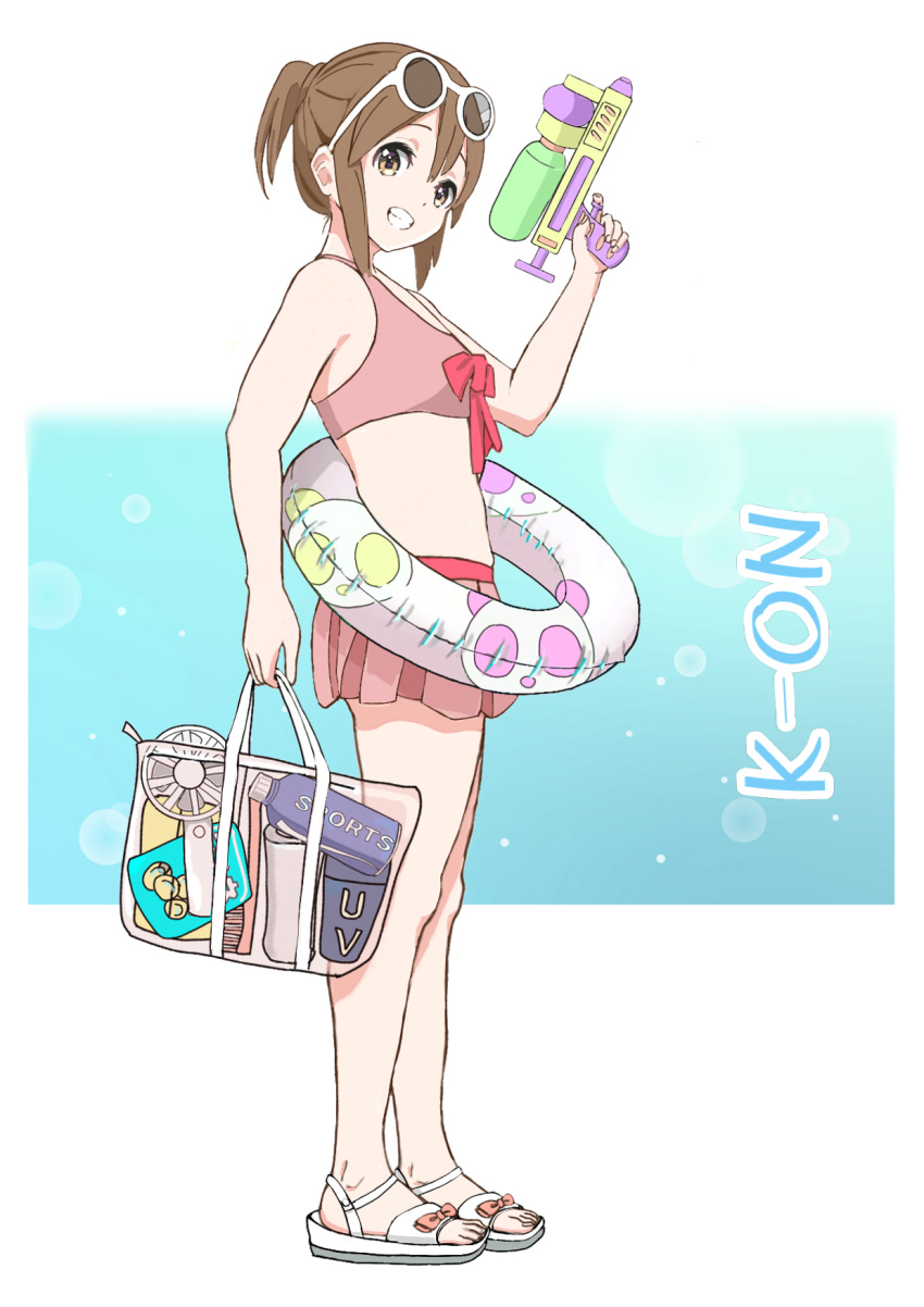 bag bikini bikini_skirt bottle brown_eyes brown_hair copyright_name eyewear_on_head female from_side front-tie_bikini_top front-tie_top full_body grin hair_brush hand_up handheld_electric_fan highres hirasawa_yui holding holding_bag holding_water_gun innertube k-on! legs pink_bikini ponytail short_hair smile solo standing sunglasses swim_ring swimsuit teeth water_gun white-framed_eyewear white_footwear yuiui_keion