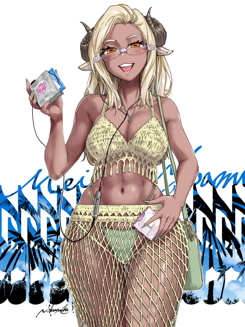 :d animal_ears artist_name bag bare_shoulders bikini blonde_hair breasts cleavage collarbone dark-skinned_female dark_skin digital_media_player earphones female glasses green_bag green_bikini green_nails gyaru highleg highleg_bikini highres holding_cd holding_digital_media_player horns jewelry kogal long_hair looking_at_viewer medium_breasts minidisc minidisc_player nail_polish navel necklace nekoguchi open_mouth orange_eyes original piercing pink-framed_eyewear sheep_ears sheep_girl sheep_horns shoulder_bag signature smile solo swimsuit tongue_piercing white_background yellow_bikini