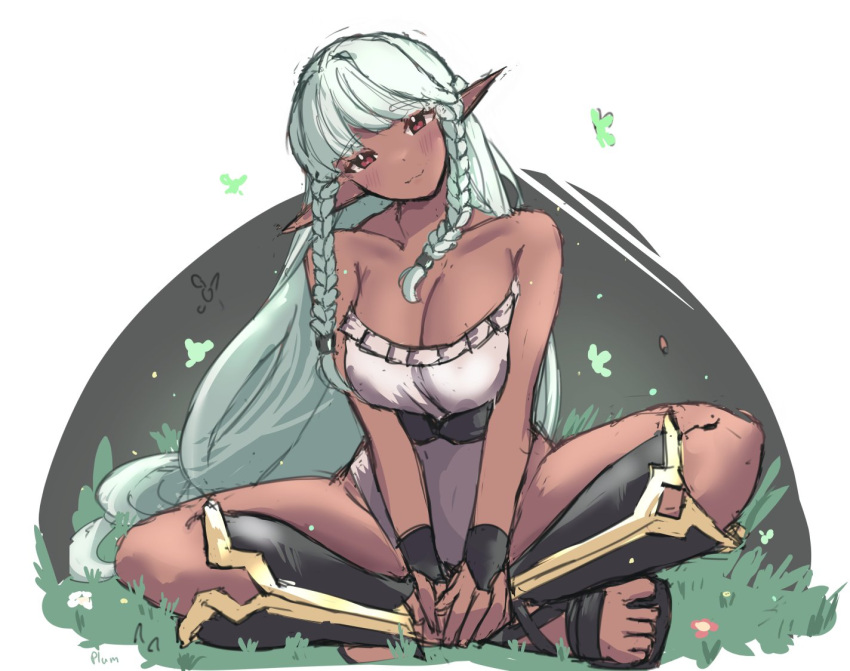 aqua_hair braid braided_sidelock breasts cleavage dark-skinned_female dark_elf dark_skin elf female frilled_leotard frills head_tilt juneplums large_breasts leotard long_hair looking_at_viewer pointy_ears red_eyes rosalinde_(unicorn_overlord) side_braids sitting smile solo strapless strapless_leotard twin_braids unicorn_overlord very_long_hair white_leotard