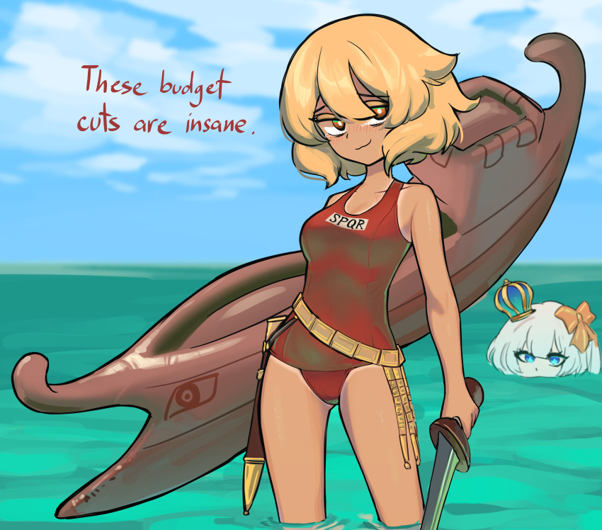 2girls absurdres bare_arms blonde_hair bow breasts bright_pupils brown_eyes centurii-chan centurii-chan_(artist) closed_mouth cloud crown english_text hairbow highres holding holding_sword holding_weapon indie_virtual_youtuber inflatable_raft marimari_(vtuber) mini_crown multiple_girls ocean one-piece_swimsuit orange_bow original red_one-piece_swimsuit school_swimsuit sheath short_hair sky swimsuit sword tearing_up virtual_youtuber weapon white_hair white_pupils