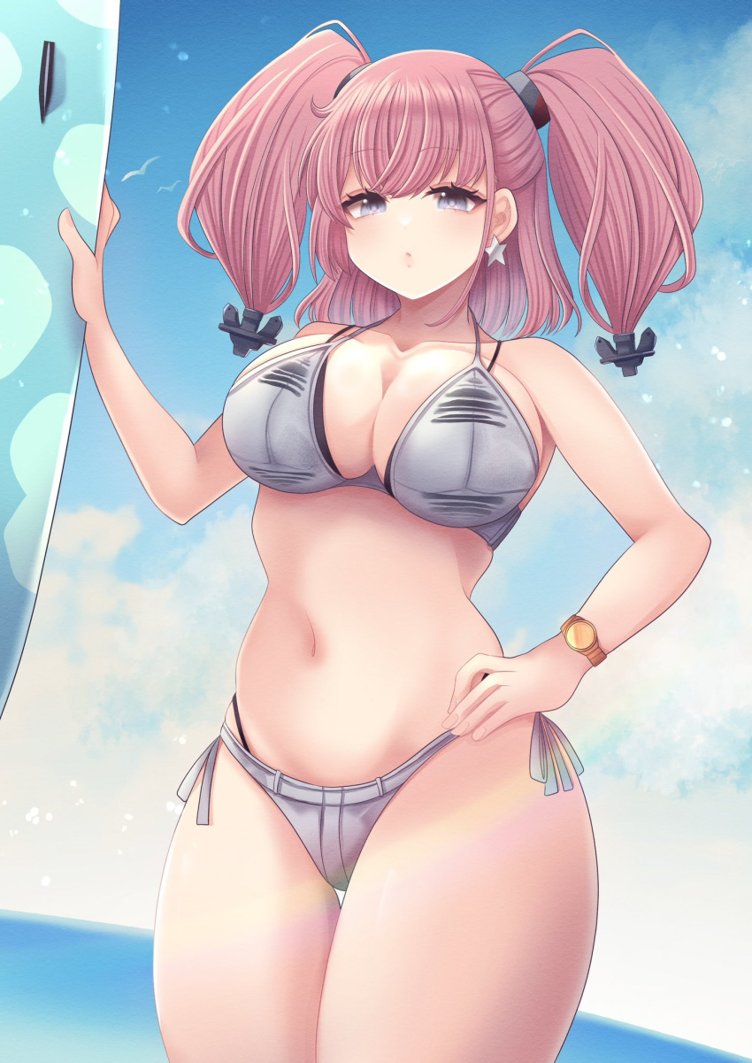 anchor_hair_ornament atlanta_(kancolle) atlanta_(swimsuit_mode)_(kancolle) beach bikini blue_sky blush breasts brown_hair cloud collarbone day earrings female grey_bikini grey_eyes hair_ornament highres holding holding_surfboard jewelry kantai_collection large_breasts long_hair looking_at_viewer nagi_kantai114 ocean outdoors side-tie_bikini_bottom sky solo star_(symbol) star_earrings surfboard swimsuit two_side_up water