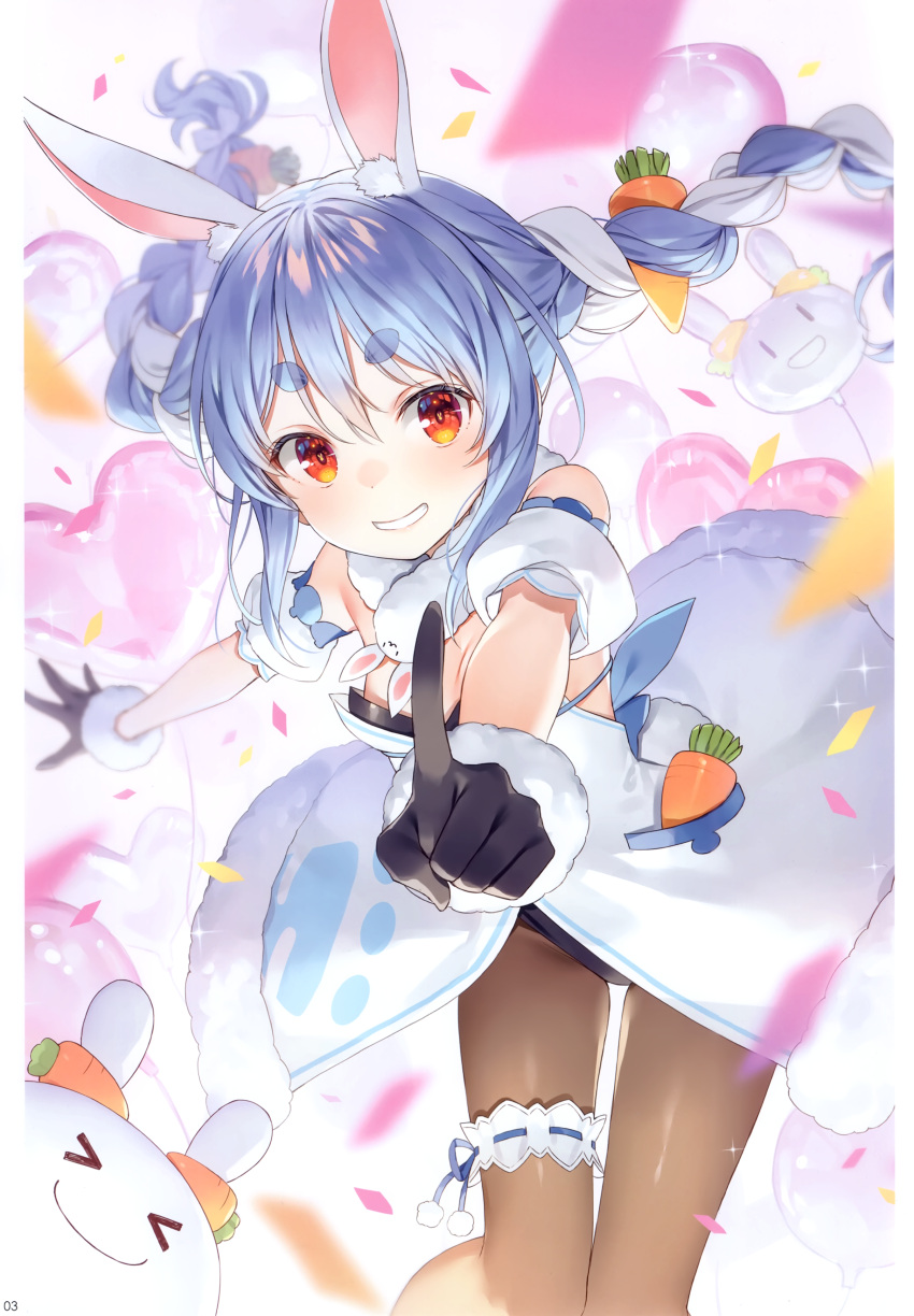 absurdres animal_ear_fluff animal_ears bare_shoulders blue_hair braid carrot_hair_ornament confetti don-chan_(usada_pekora) female food-themed_hair_ornament fur_trim gloves hair_ornament highres hololive leotard leotard_under_clothes looking_at_viewer page_number pantyhose parted_lips pointing pom_pom_(clothes) puffy_short_sleeves puffy_sleeves rabbit_ears scan shiny_clothes short_sleeves simple_background smile solo sparkle thigh_strap twin_braids twintails usada_pekora virtual_youtuber white_hair yellow_eyes yuuki_hagure