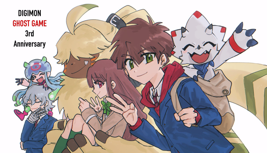 ahoge angoramon anthro bandai_namco belt brown_hair digimon digimon_(species) digimon_ghost_game female fluffy fur gammamon green_eyes group hair hair_over_eyes hi_res hiro_amanokawa human humanoid jellymon kiyoshiro_higashimitarai lagomorph leporid long_ears male mammal one_eye_closed ponytail_ears rabbit randomlyrab ruri_tsukiyono scalie tentacle white_body wink yellow_body yellow_fur