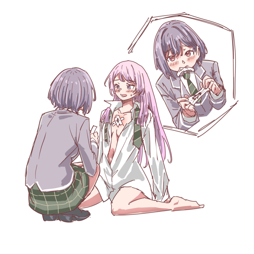 2girls anjuro_zeeku bandaid_on_chest bang_dream! bang_dream!_it's_mygo!!!!! barefoot black_footwear blush breasts brown_eyes chihaya_anon collared_shirt commentary diagonal-striped_clothes diagonal-striped_necktie dress_shirt green_necktie green_skirt grey_eyes grey_hair grey_jacket haneoka_school_uniform highres jacket loafers long_hair lower_teeth_only mouth_hold multiple_girls navel necktie open_mouth partially_unbuttoned pink_hair romaji_commentary school_uniform shirt shoes short_hair skirt small_breasts squatting striped_clothes sweatdrop takamatsu_tomori teeth undone_necktie white_shirt