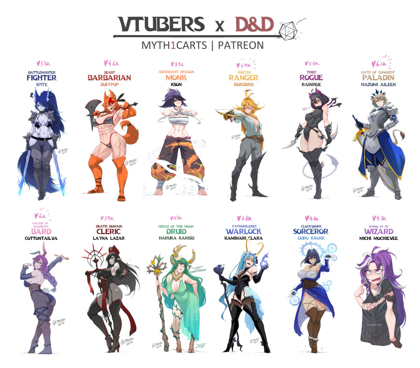 6+girls abs absurdres ahoge aiming alternate_costume animal_ears antlers arm_tattoo armor armpits artist_name ass ass_visible_through_thighs bandages bandaid bandaid_on_face bandaid_on_nose barefoot bikini black_hair black_sclera blonde_hair blood blood_on_face blood_on_weapon blue_eyes blue_fire blue_hair blush boots braid braided_ponytail breasts buffpup_(vtuber) character_name chest_sarashi cleavage collar colored_sclera cottontail_(vtuber) crossbow dagger deer_girl demon_girl demon_horns demon_tail dokibird_(vtuber) dual_wielding dungeons_&_dragons elbow_gloves embarrassed english_commentary english_text female_pubic_hair fingerless_gloves fire fishnet_pantyhose fishnets flaming_sword flaming_weapon full_body gloves green_hair hair_between_eyes hair_intakes hair_over_one_eye haruka_karibu hat hazumi_aileen high_heel_boots high_heels highres holding holding_crossbow holding_dagger holding_knife holding_staff holding_sword holding_weapon hololive hololive_english horns indie_virtual_youtuber jewelry kaminari_clara knife kson large_breasts layna_lazar leotard lip_piercing long_hair looking_at_viewer medium_breasts michi_mochievee michi_mochievee_(1st_costume) multiple_girls muscular muscular_female myth1carts navel navel_piercing necklace oerba_yun_fang one_eye_closed open_mouth orange_fur orange_hair ouro_kronii pantyhose patreon_username piercing pointy_ears ponytail profanity pubic_hair purple_hair rabbit_ears rabbit_girl rabbit_tail rainhoe sarashi scar scar_across_eye short_hair simple_background skin_fang smile souchou spiked_collar spikes spite_(vtuber) staff swimsuit sword tail tattoo teeth thigh_boots thighhighs tongue vchiban very_long_hair virtual_youtuber vshojo watermark weapon white_background wolf_ears wolf_girl wolf_tail yellow_eyes