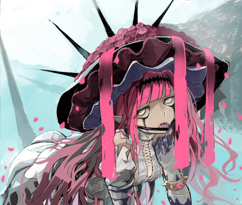 all_fours baobhan_sith_(fate) baobhan_sith_(third_ascension)_(fate) breasts detached_sleeves dress facial_mark falling_petals fangs fate/grand_order fate_(series) female frilled_hat frills gag grey_eyes hat highres long_hair looking_at_viewer open_mouth petals pink_hair pointy_ears sidelocks solo user_judn8458 white_dress white_hat