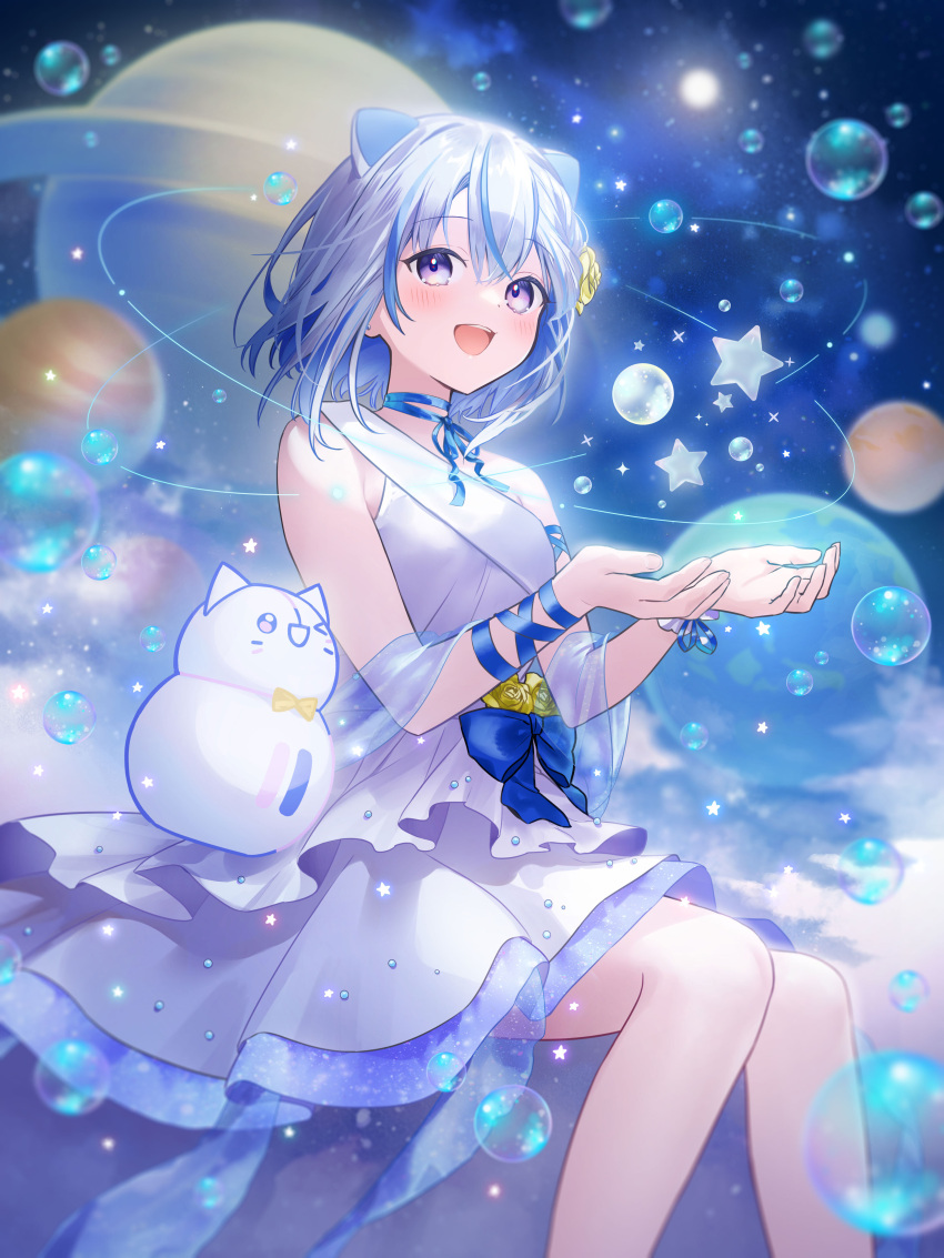 :d ;d absurdres animal_ears blue_choker blue_hair blush bow bowtie bubble ceeras_(iriam) choker cloud colored_inner_hair dress ear_piercing earth_(planet) female flower hair_behind_ear hair_flower hair_ornament highres iriam kaisake_(utp) miria_(iriam) multicolored_hair one_eye_closed open_mouth piercing planet purple_eyes ribbon_choker saturn_(planet) second-party_source sitting smile solo space star_(symbol) streaked_hair teeth tongue upper_teeth_only white_dress white_hair yellow_bow yellow_bowtie yellow_flower