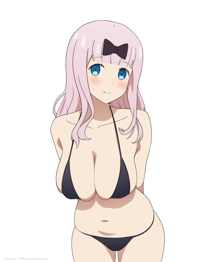 anime_coloring arms_behind_back artist_name bare_shoulders bikini black_bikini black_bow blue_eyes blunt_bangs blush bow breasts cleavage closed_mouth collarbone commentary coro_fae empty_eyes english_commentary fanbox_username female fujiwara_chika hairbow highres huge_breasts kaguya-sama_wa_kokurasetai_~tensai-tachi_no_renai_zunousen~ long_hair looking_at_viewer navel official_style pink_hair simple_background skindentation solo stomach sweatdrop swimsuit thighs twitter_username web_address white_background