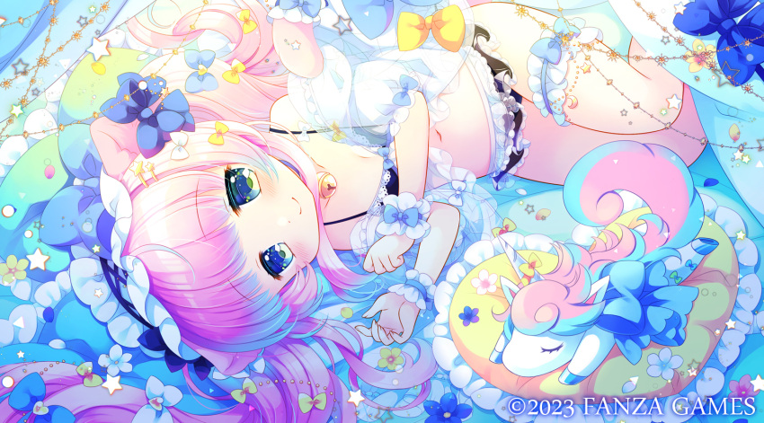 angelic_link animal_ear_fluff animal_ears bell bikini bikini_skirt black_bikini blue_bow blue_choker blue_hair bow cat_ears cat_girl cat_tail character_request choker closed_mouth commentary_request female frilled_pillow frills gradient_hair green_eyes hands_up heart heart-shaped_pillow highres jingle_bell long_hair lying multicolored_hair navel neck_bell on_side pillow pink_hair puffy_short_sleeves puffy_sleeves sakurazawa_izumi see-through_clothes short_sleeves smile solo stuffed_unicorn swimsuit tail twintails very_long_hair wrist_cuffs