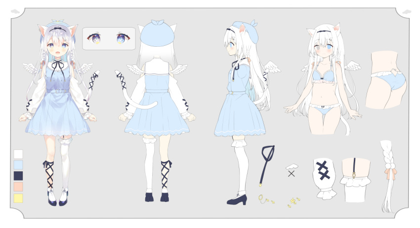 :d animal_ear_fluff animal_ears ass bare_arms bare_shoulders beret black_footwear blue_bra blue_dress blue_eyes blue_hat blue_panties blush bow bow_bra bow_panties bra breasts cat_ears cat_girl cat_tail closed_mouth clothing_cutout color_guide commentary_request dress feathered_wings female frilled_bra frilled_panties frilled_thighhighs frills garter_straps grey_background grey_eyes grey_hair hair_between_eyes hat heterochromia high_heels indie_virtual_youtuber long_hair long_sleeves multiple_views panties pleated_dress puffy_long_sleeves puffy_sleeves reference_sheet shoes shoulder_cutout simple_background single_thighhigh sleeves_past_wrists small_breasts smile sorashi_purumu tail thighhighs underwear very_long_hair white_thighhighs white_wings wings yuizaki_kazuya