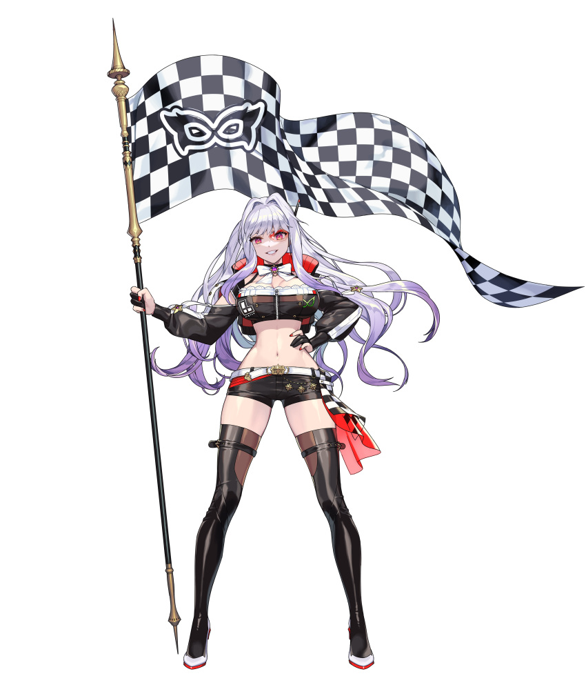 absurdres black_legwear black_skirt boots breasts crop_top female flag full_body game_cg guardian_tales highres holding holding_flag large_breasts looking_at_viewer midriff monocle multicolored_hair navel official_alternate_costume official_art race_queen red_eyes short_shorts shorts skirt smile standing transparent_background trickster_lucy zipper