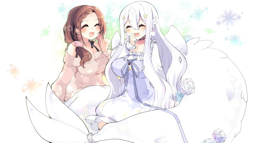 2girls aurora_(vtuber) axia_(03400441) blush breasts brown_hair closed_eyes commission crescent crescent_pin dragon_girl dragon_tail dress flower hair_ornament highres indie_virtual_youtuber large_breasts laughing long_hair multiple_girls riona_(vtuber) rose skeb_commission star_(symbol) star_hair_ornament tail virtual_youtuber white_background white_hair