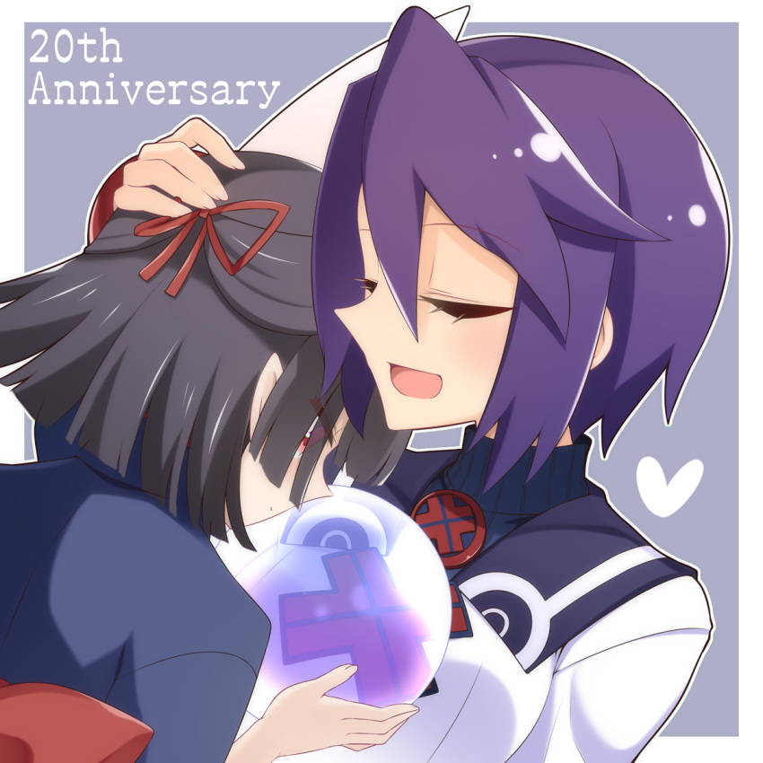 2girls animal_ears anniversary black_hair bow closed_eyes closed_mouth commentary_request crystal_ball english_text hair_between_eyes hairbow hand_on_another's_head hasaha heart highres holding muchin_jousha multiple_girls open_mouth purple_hair rabbit_ears red_bow red_eyes short_hair summon_night summon_night_2 toris upper_body